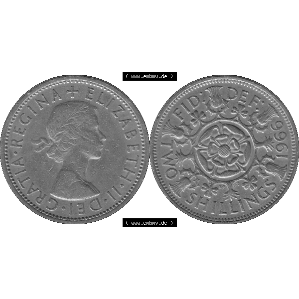 Grau bzw. s/w Alte Münze Großbritannien, Bild in Farbe bzw. Color PNG-Grafik, Umlaufmünze aus dem Zeitraum 1954-1970, 2 Schilling-Florin, Two Shillings, 1966-04 ELIZABETH... Sammlung Graustufen