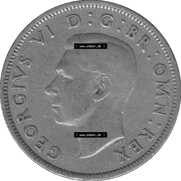 Grau bzw. s/w Alte Münze Großbritannien, Bild in Farbe bzw. Color PNG-Grafik, Umlaufmünze aus dem Zeitraum 1949-1951, 2 Schilling-Florin, Two Shillings, 1949-02,... Sammlung Graustufen