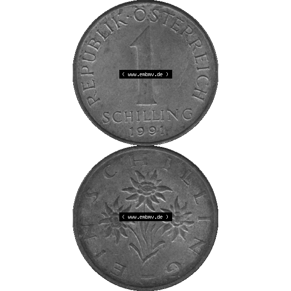 Grau bzw. s/w Alte Münzen Österreich 1 / Ein Schilling 1959-2001, 1 Schilling 1991-02. Vorderseite und Rückseite der 1 / Ein Schilling Münze vertikal auf einen digitalen Bild... Sammlung Graustufen