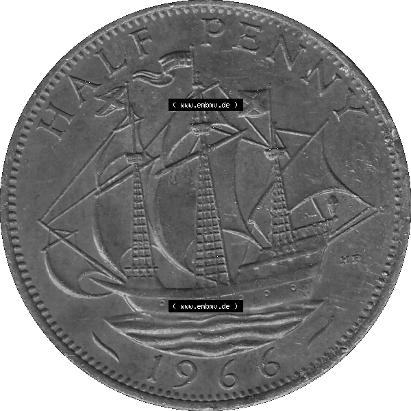 Grau bzw. s/w Alte Münze Großbritannien Umlaufmünze Half Penny, 1/2 Pence 1954-1970, Half Penny, Halber Pence 1966-01, Elisabeth II. - Schriftzug ELIZABETH II DEI GRATIA... Sammlung Graustufen