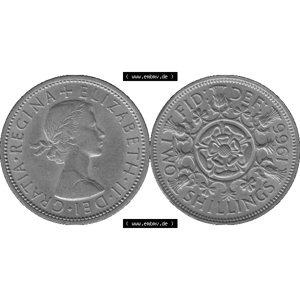 Grau bzw. s/w Alte Münze Großbritannien, Bild in Farbe bzw. Color PNG-Grafik, Umlaufmünze aus dem Zeitraum 1954-1970, 2 Schilling-Florin, Two Shillings, 1966-01 ELIZABETH... Sammlung Graustufen