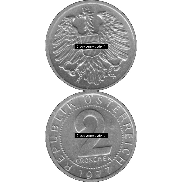 Grau bzw. s/w Alte Münze aus Österreich als PNG-Grafik 1950-1994, 2 Groschen 1977-01 Graustufen. Vorderseite und Rückseite in Graustufen der 2 Groschen Münze vertikal auf einen digitalen... Sammlung Graustufen
