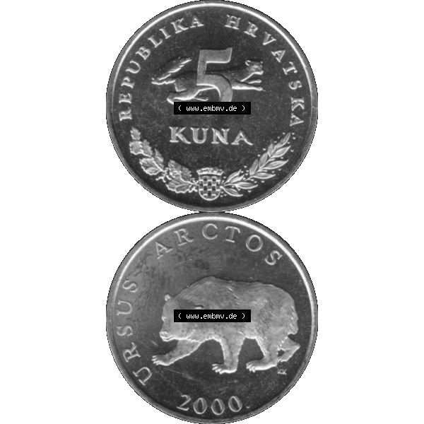 Grau bzw. s/w Alte Münze Kroatien Umlaufmünze 1994-2022, 5 Kuna 2000-01. Vorderseite und Rückseite der Umlaufmünze / Kursmünze / Münze aus dem Zeitraum 1993-2022 Kroatien,... Sammlung Graustufen