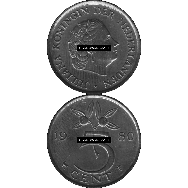 Grau bzw. s/w Alte Münze Niederlande in Farbe 1950-1980, 5 Cent Königin Juliana 1980-02. Vorderseite und Rückseite vertikal auf einen digitalen Bild der alten niederländischen 5 /... Sammlung Graustufen