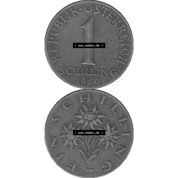 Grau bzw. s/w Alte Münzen Österreich 1 / Ein Schilling 1959-2001, 1 Schilling 1960-01, Ein Shilling Edelweiß. Vorderseite und Rückseite der Kursmünze 1 / Ein Schilling... Sammlung Graustufen