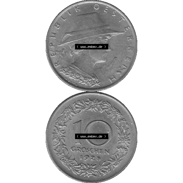 Grau bzw. s/w Alte Münze 10 / Zehn Groschen Österreich in original Farbgebung von Scanner transparenten PNG 1925-1929, 10 Groschen 1928-01, VS Triolerien, RS Wert mit Kranz. Vorderseite... Sammlung Graustufen