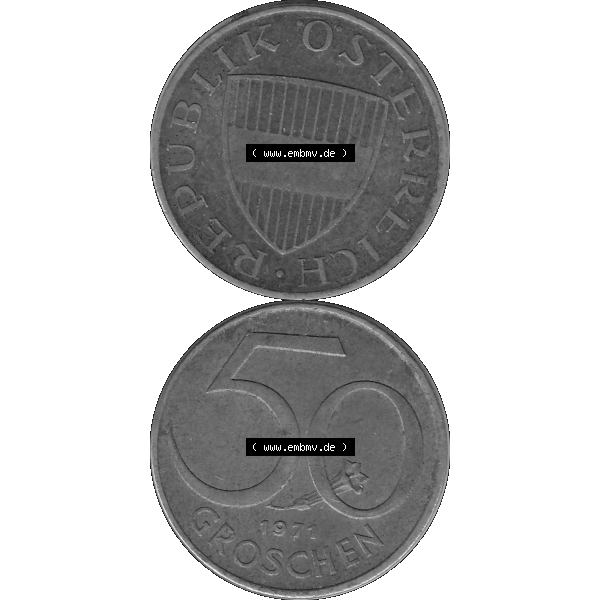 Grau bzw. s/w Alte Münze 50 / Fünfzig Groschen Österreich in original Farbgebung von Scanner transparenten PNG 1959-2001, 50 Groschen 1971-01, Bindenschild. Vorderseite und Rückseite... Sammlung Graustufen