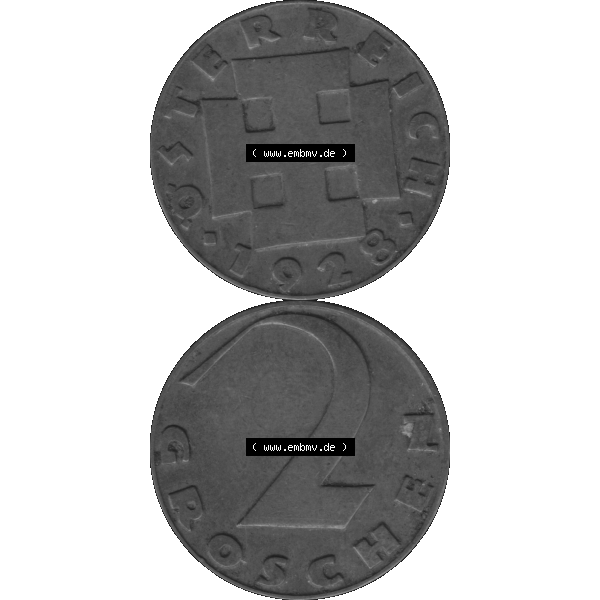 Grau bzw. s/w Alte Münze aus Österreich als PNG-Grafik 1925-1938, 2 Groschen 1928-01. Vorderseite und Rückseite der 2 Groschen Münze vertikal auf einen digitalen Bild der alten österreichischen... Sammlung Graustufen