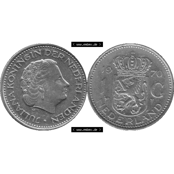 Grau bzw. s/w Alte Münze Niederlande in Grau 1967-1980, 1 Gulden Königin Juliana 1970-01. Graustufen. Vorderseite und Rückseite horizontal auf einen digitalen grauen / Graustufen... Sammlung Graustufen