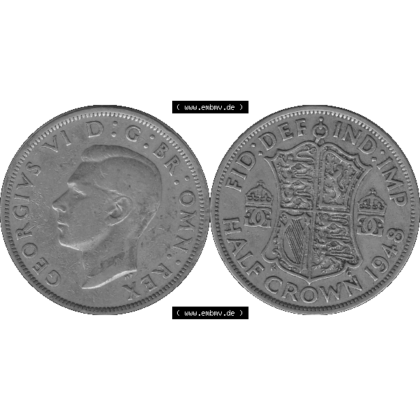 Grau bzw. s/w Alte Münze Großbritannien, Bild in Farbe bzw. Color PNG-Grafik 1947-1948, Halbe - 1/2 Krone, Half Crown 1948-01, George VI, FID DEF IND IMP HALF CROWN.... Sammlung Graustufen