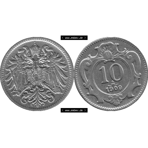 Grau bzw. s/w Alte Münze aus Kaiserreich Österreich als PNG-Grafik 1892-1911, 10 Heller 1909-01 Graustufen. Vorderseite und Rückseite der Kaiserreich 10 Heller-Münze vertikal auf einen... Sammlung Graustufen