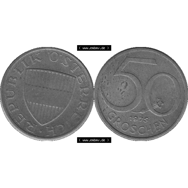 Grau bzw. s/w Alte Münze 50 / Fünfzig Groschen Österreich in original Farbgebung von Scanner transparenten PNG 1959-2001, 50 Groschen 1975-01, Bindenschild. Vorderseite und Rückseite... Sammlung Graustufen