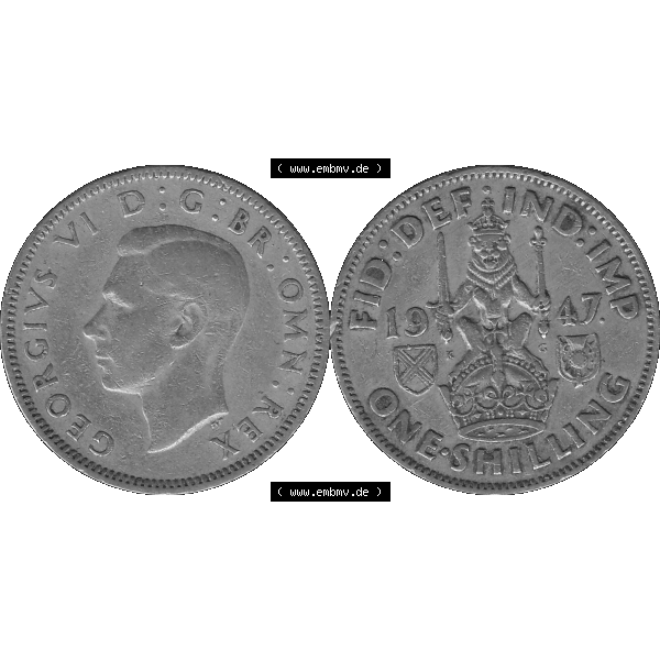 Grau bzw. s/w Alte Münze Großbritannien, Bild in Farbe bzw. Color PNG-Grafik 1947-1948, 1 One Schilling - One Shilling, 1947-02 Sitzender gekrönter Löwe auf Krone.... Sammlung Graustufen