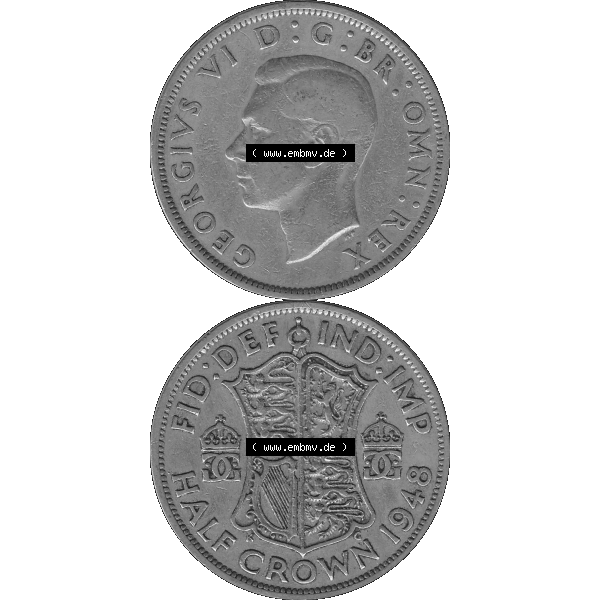 Grau bzw. s/w Alte Münze Großbritannien, Bild in Farbe bzw. Color PNG-Grafik 1947-1948, Halbe - 1/2 Krone, Half Crown 1948-02 , George VI, FID DEF IND IMP HALF CROWN.... Sammlung Graustufen