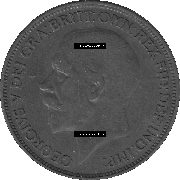 Grau bzw. s/w Alte Münze Großbritannien Umlaufmünze One Penny, 1 Pence 1927-1927, 1 One Penny, 1927-01, George V, BM GEORGIVS V DEI GRABRITTOMNREX FIDDEFINDIMP. Vorderseite... Sammlung Graustufen