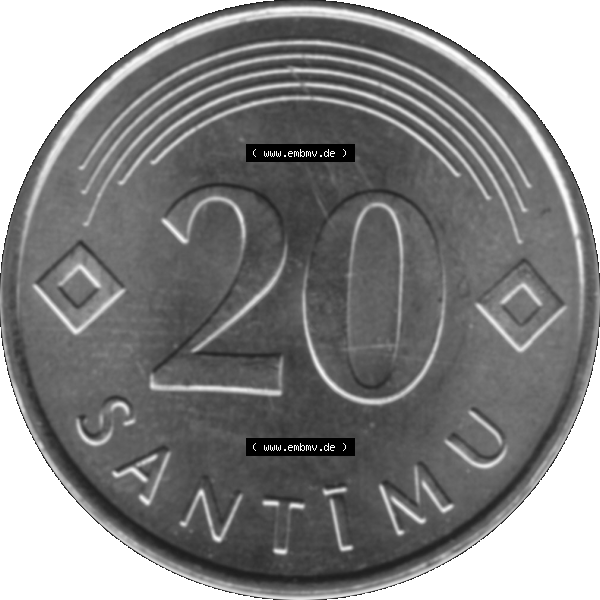 Grau bzw. s/w Alte Münze Lettland Umlaufmünze 1992-2009, 20 Santimu 2007-01, VS.: Staatswappen von Latvijas Republika, RS.: Wert-Zahl. Rückseite der... Sammlung Graustufen