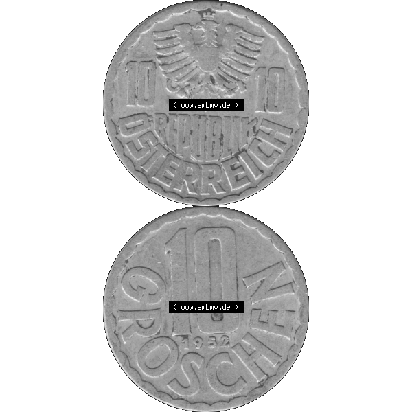 Grau bzw. s/w Alte Münze 10 / Zehn Groschen Österreich in original Farbgebung von Scanner transparenten PNG 1951-2001, 10 Groschen 1952-02. Vorderseite und Rückseite der Kursmünze... Sammlung Graustufen