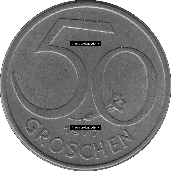 Grau bzw. s/w Alte Münze 50 / Fünfzig Groschen Österreich in original Farbgebung von Scanner transparenten PNG 1959-2001, 50 Groschen 1977-01, Bindenschild. Rückseite der alten... Sammlung Graustufen