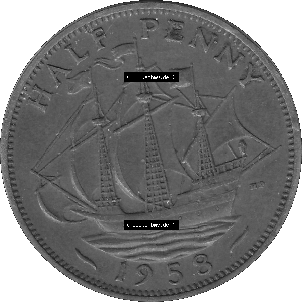 Grau bzw. s/w Alte Münze Großbritannien Umlaufmünze Half Penny, 1/2 Pence 1954-1970, Half Penny, Halber Pence 1958-01, Elisabeth II. - Schriftzug ELIZABETH II DEI GRATIA... Sammlung Graustufen