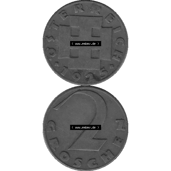 Grau bzw. s/w Alte Münze 2 / Zwei Groschen Österreich in original Farbgebung von Scanner transparenten PNG 1925-1938, 2 Zwei Groschen, Krückenkreuz 1925-03. Vorderseite und Rückseite... Sammlung Graustufen