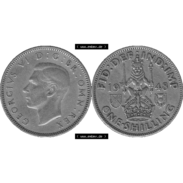 Grau bzw. s/w Alte Münze Großbritannien, Bild in Farbe bzw. Color PNG-Grafik 1947-1948, 1 One Schilling - One Shilling, 1948-02 Sitzender gekrönter Löwe auf Krone.... Sammlung Graustufen