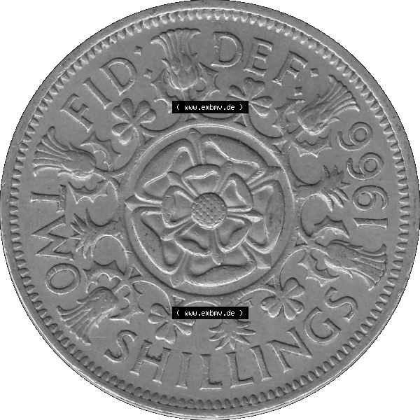 Grau bzw. s/w Alte Münze Großbritannien, Bild in Farbe bzw. Color PNG-Grafik, Umlaufmünze aus dem Zeitraum 1954-1970, 2 Schilling-Florin, Two Shillings, 1966-07 ELIZABETH... Sammlung Graustufen