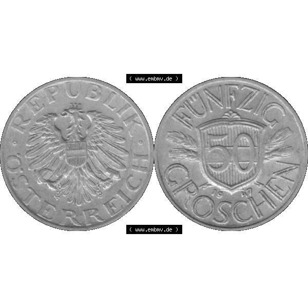 Grau bzw. s/w Alte Münze aus Österreich als PNG-Grafik 1946-1955, 50 Groschen 1947-01 Graustufen. Vorderseite und Rückseite der 50 Groschen Münze vertikal auf einen digitalen Graustufen... Sammlung Graustufen