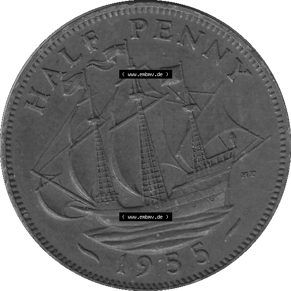 Grau bzw. s/w Alte Münze Großbritannien Umlaufmünze Half Penny, 1/2 Pence 1954-1970, Half Penny, Halber Pence 1955-01, Elisabeth II. - Schriftzug ELIZABETH II DEI GRATIA... Sammlung Graustufen