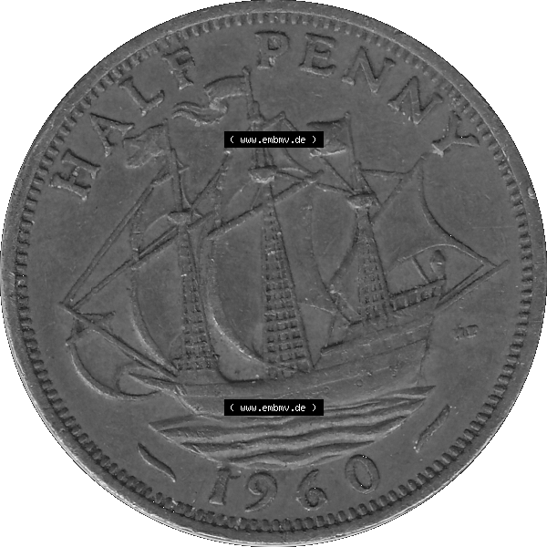 Grau bzw. s/w Alte Münze Großbritannien Umlaufmünze Half Penny, 1/2 Pence 1954-1970, Half Penny, Halber Pence 1960-01, Elisabeth II. - Schriftzug ELIZABETH II DEI GRATIA... Sammlung Graustufen