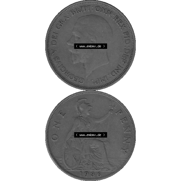 Grau bzw. s/w Alte Münze Großbritannien Umlaufmünze One Penny, 1 Pence 1928-1936, 1 One Penny, 1936-01, George V. BM GEORGIVS V DEI GRABRITTOMNREX FIDDEFINDIMP Graustufen.... Sammlung Graustufen