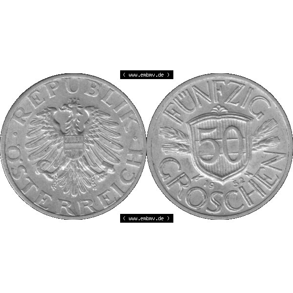 Grau bzw. s/w Alte Münze aus Österreich als PNG-Grafik 1946-1955, 50 Groschen 1952-01. Vorderseite und Rückseite der 50 Groschen Münze horizontal auf einen digitalen Bild der alten österreichischen... Sammlung Graustufen