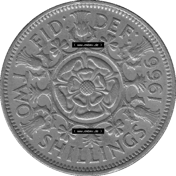 Grau bzw. s/w Alte Münze Großbritannien, Bild in Farbe bzw. Color PNG-Grafik, Umlaufmünze aus dem Zeitraum 1954-1970, 2 Schilling-Florin, Two Shillings, 1966-03 ELIZABETH... Sammlung Graustufen