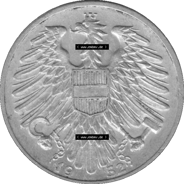 Grau bzw. s/w Alte Münzen Österreich 1 / Ein Schilling 1946-1957, 1 Schilling 1952-01. Vorderseite der alten österreichischen 1 Schilling Münze aus dem Zeitraum 1946-1957 Umlaufmünze... Sammlung Graustufen