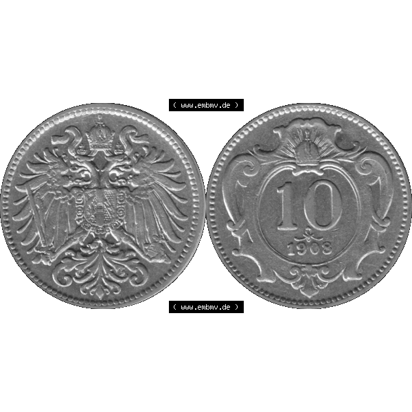 Grau bzw. s/w Alte Münze aus Kaiserreich Österreich als PNG-Grafik 1892-1911, 10 Heller 1908-01 Graustufen. Vorderseite und Rückseite der Kaiserreich 10 Heller-Münze vertikal auf einen... Sammlung Graustufen