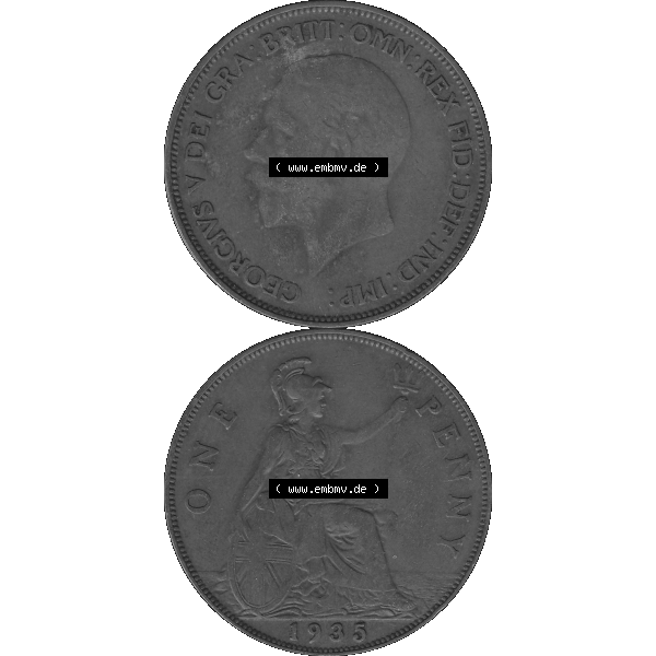 Grau bzw. s/w Alte Münze Großbritannien Umlaufmünze One Penny, 1 Pence 1928-1936, 1 One Penny, 1935-01, George V. BM GEORGIVS V DEI GRABRITTOMNREX FIDDEFINDIMP Graustufen.... Sammlung Graustufen