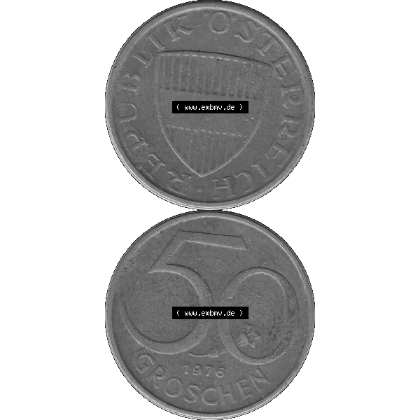 Grau bzw. s/w Alte Münze 50 / Fünfzig Groschen Österreich in original Farbgebung von Scanner transparenten PNG 1959-2001, 50 Groschen 1976-01, Bindenschild. Vorderseite und Rückseite... Sammlung Graustufen