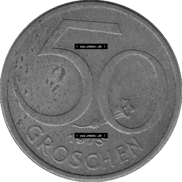 Grau bzw. s/w Alte Münze 50 / Fünfzig Groschen Österreich in original Farbgebung von Scanner transparenten PNG 1959-2001, 50 Groschen 1975-01, Bindenschild. Rückseite der alten... Sammlung Graustufen