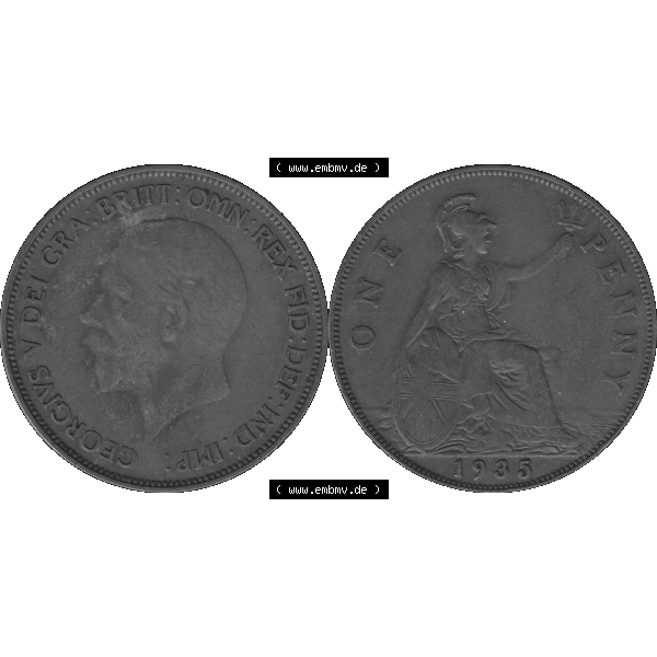 Grau bzw. s/w Alte Münze Großbritannien Umlaufmünze One Penny, 1 Pence 1928-1936, 1 One Penny, 1935-01, George V. BM GEORGIVS V DEI GRABRITTOMNREX FIDDEFINDIMP.... Sammlung Graustufen