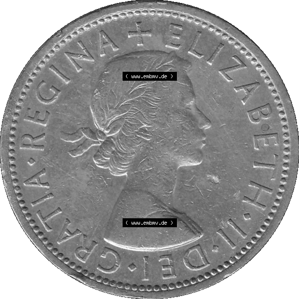 Grau bzw. s/w Alte Münze Großbritannien, Bild in Farbe bzw. Color PNG-Grafik, Umlaufmünze aus dem Zeitraum 1954-1970, 2 Schilling-Florin, Two Shillings, 1967-01 ELIZABETH... Sammlung Graustufen