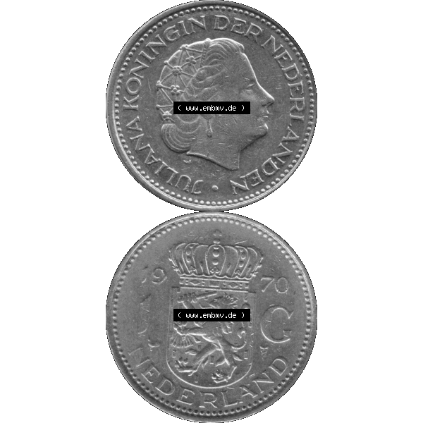 Grau bzw. s/w Alte Münze Niederlande in Grau 1967-1980, 1 Gulden Königin Juliana 1970-01. Graustufen. Vorderseite und Rückseite vertikal auf einen digitalen Bild in grau / Graustufen... Sammlung Graustufen