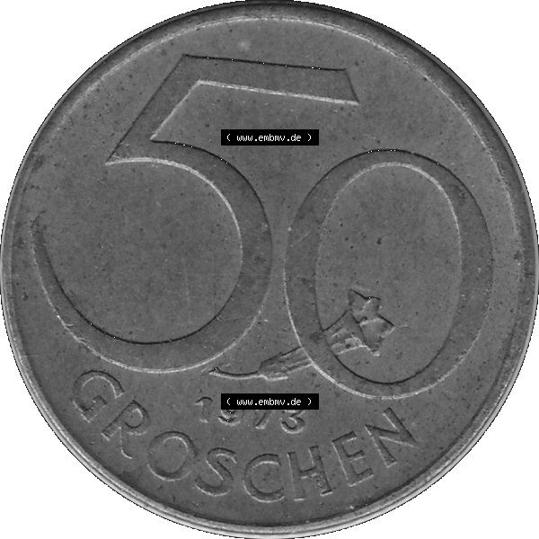 Grau bzw. s/w Alte Münze 50 / Fünfzig Groschen Österreich in original Farbgebung von Scanner transparenten PNG 1959-2001, 50 Groschen 1973-01, Bindenschild. Rückseite der alten... Sammlung Graustufen