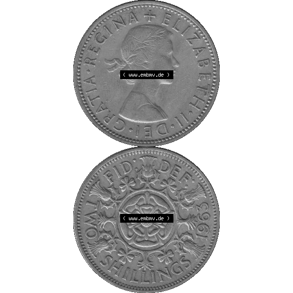 Grau bzw. s/w Alte Münze Großbritannien, Bild in Farbe bzw. Color PNG-Grafik, Umlaufmünze aus dem Zeitraum 1954-1970, 2 Schilling-Florin, Two Shillings, 1963-01 ELIZABETH... Sammlung Graustufen