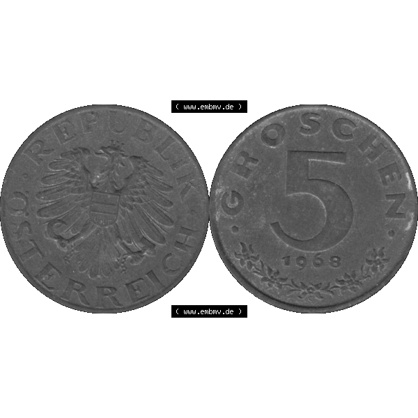 Grau bzw. s/w Alte Münzen Österreich 5 / Fünf Groschen in Farbe/Color 1948-1994, 5 Groschen 1968-01. Vorderseite und Rückseite der 5 / Fünf Groschen Münze aus dem... Sammlung Graustufen