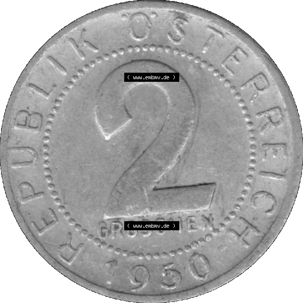 Grau bzw. s/w Alte Münze aus Österreich als PNG-Grafik 1950-1994, 2 Groschen 1950-01. Rückseite der alten 2 Groschen Umlaufmünze aus Österreich, Münze wurde vor dem Euro... Sammlung Graustufen