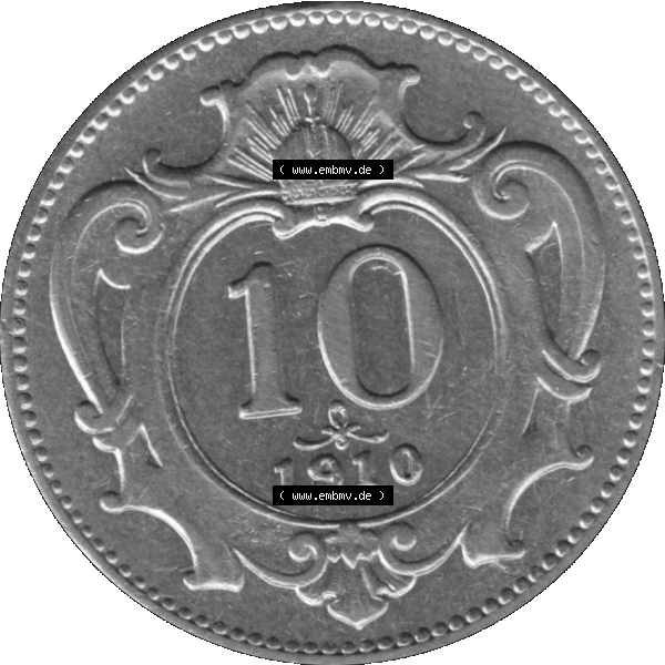 Grau bzw. s/w Alte Münze aus Kaiserreich Österreich als PNG-Grafik 1892-1911, 10 Heller 1910-01. Rückseite der alten 10 Heller Umlaufmünze aus Österreichischen Kaiserreich,... Sammlung Graustufen