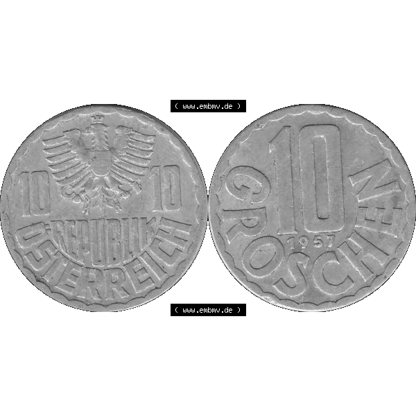Grau bzw. s/w Alte Münze 10 / Zehn Groschen Österreich in original Farbgebung von Scanner transparenten PNG 1951-2001, 10 Groschen 1957-02. Vorderseite und Rückseite der 10 / Zehn... Sammlung Graustufen