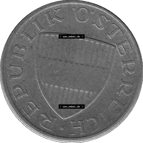 Grau bzw. s/w Alte Münze 50 / Fünfzig Groschen Österreich in original Farbgebung von Scanner transparenten PNG 1959-2001, 50 Groschen 1975-01, Bindenschild. Vorderseite der alten... Sammlung Graustufen