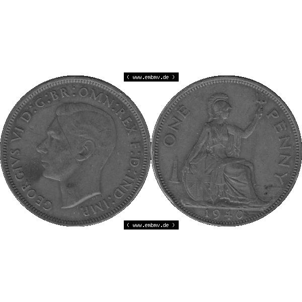 Grau bzw. s/w Alte Münzen Großbritannien Umlaufmünze 1937-1948, 1 One Penny 1940-01, George VI, GEORGIVS VI DGBROMNREX FDINDIMP. HP. Vorderseite und Rückseite der... Sammlung Graustufen