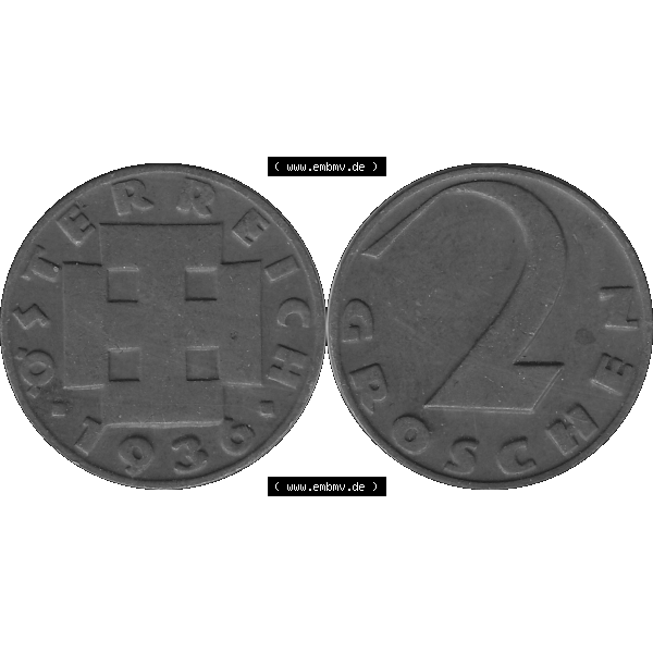 Grau bzw. s/w Alte Münze 2 / Zwei Groschen Österreich in original Farbgebung von Scanner transparenten PNG 1925-1938, 2 Zwei Groschen, Krückenkreuz 1936-03. Vorderseite und Rückseite... Sammlung Graustufen