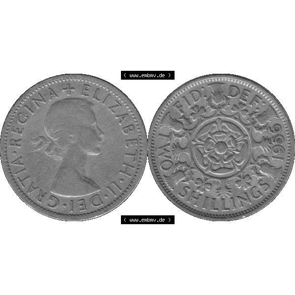 Grau bzw. s/w Alte Münze Großbritannien, Bild in Farbe bzw. Color PNG-Grafik, Umlaufmünze aus dem Zeitraum 1954-1970, 2 Schilling-Florin, Two Shillings, 1956-01 ELIZABETH... Sammlung Graustufen
